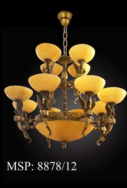 Đèn chùm 12 tay đồng xin chao đá 8878/12