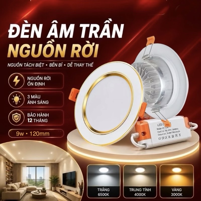 Đèn âm trần đế tản nhiệt viền vàng pi110 9w/3CĐ