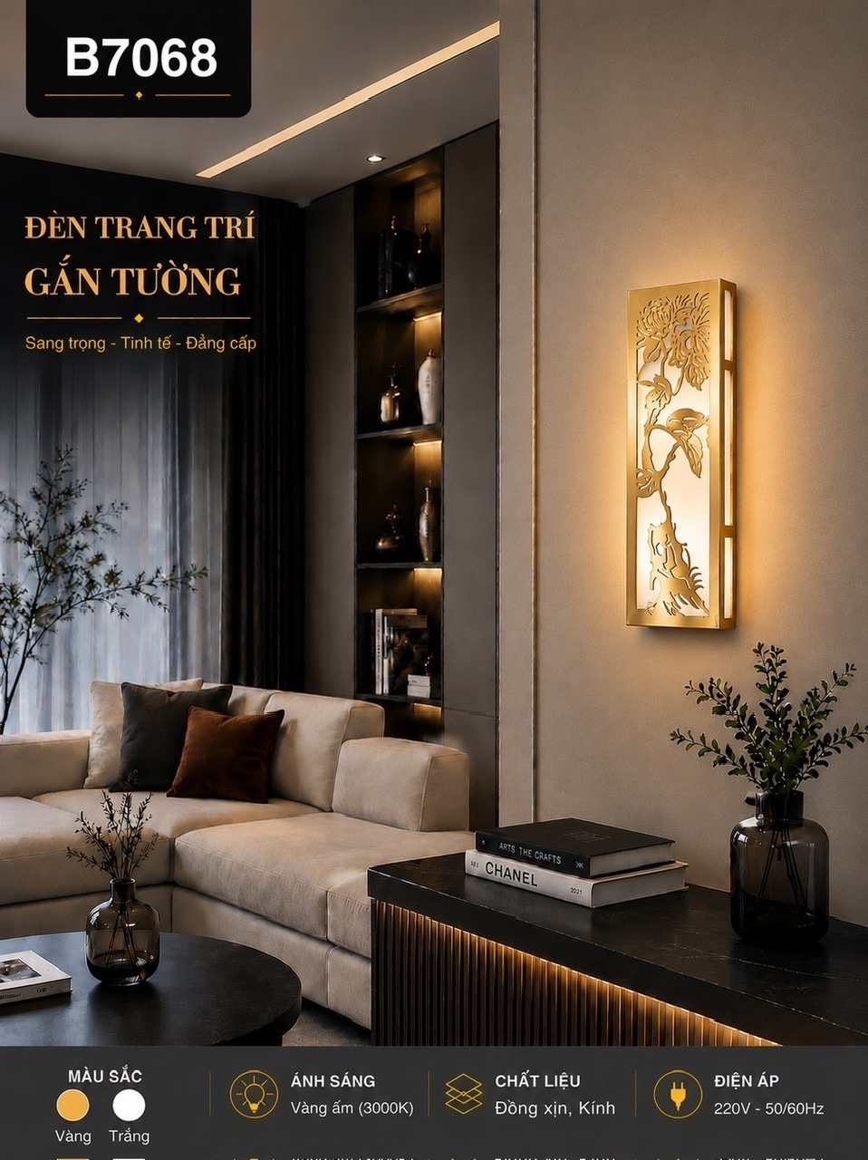 Hắt tranh đồng xịn hoa cúc B7068 (48x15cm)