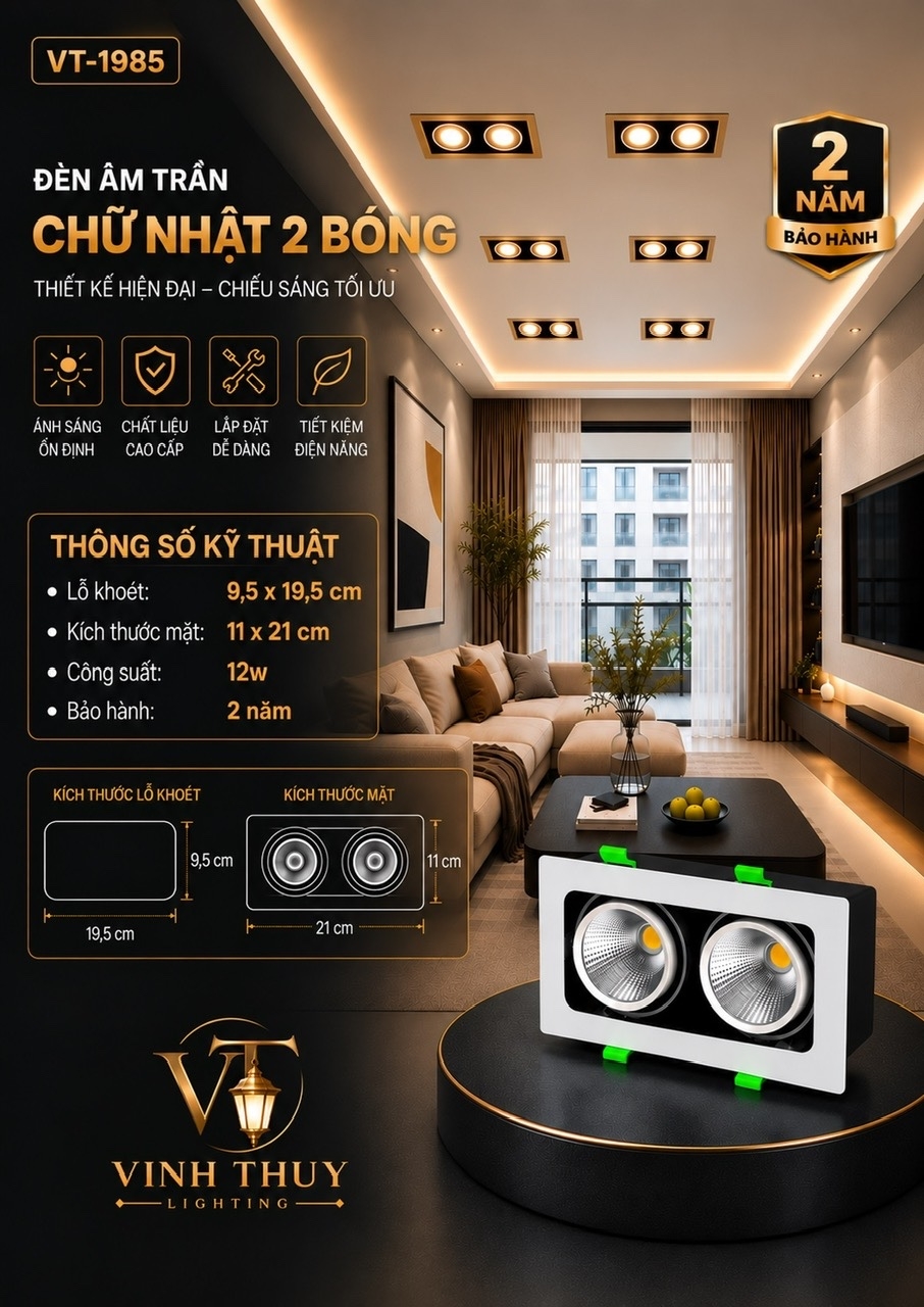 Đèn âm trần led hộp đôi VT1985-2 3000K