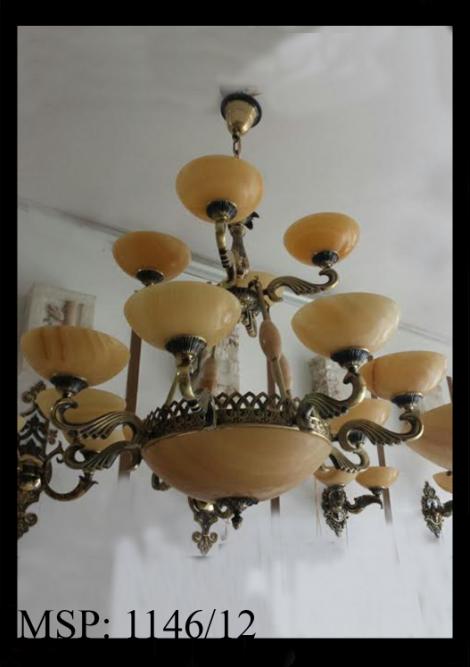 Đèn chùm 12 tay đồng xịn chao đá 1146