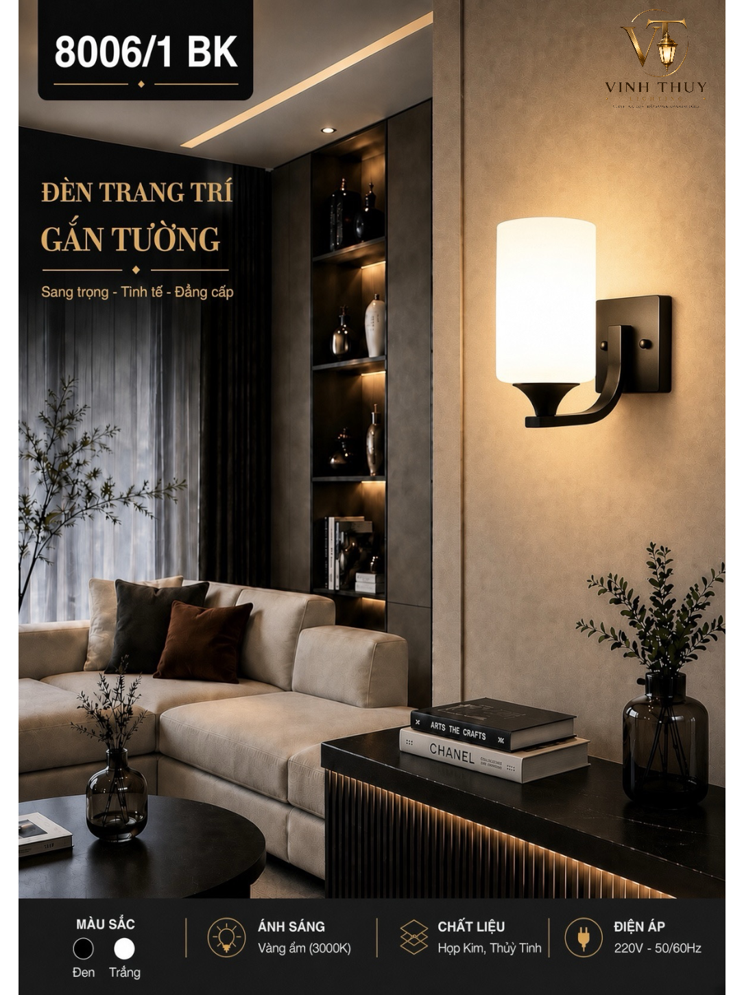Đèn tường tay sắt sơn đen 8006/1BK