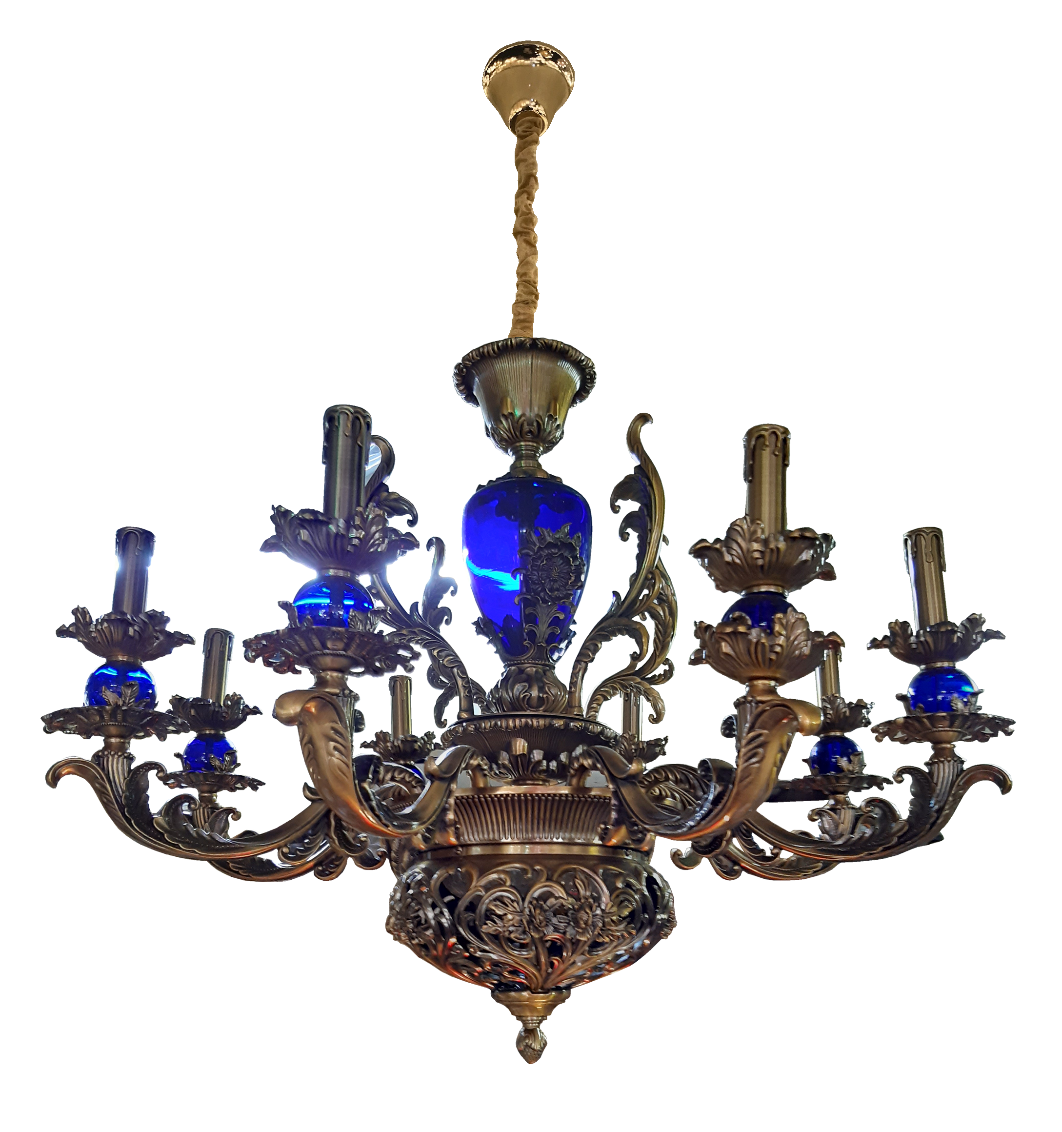 Đèn chùm mạ đồng hoa văn 616/8 (R: 60cm, C: 70cm)