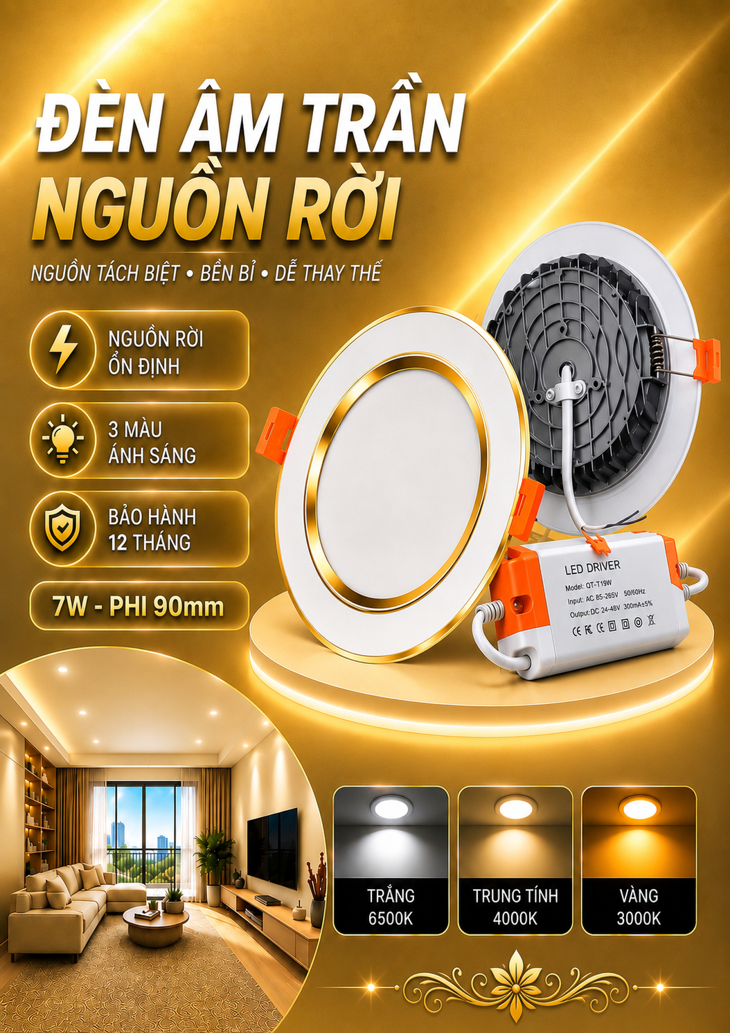 Đèn âm trần đế nhôm viền vàng pi90 7w/3CĐ-GD-DN