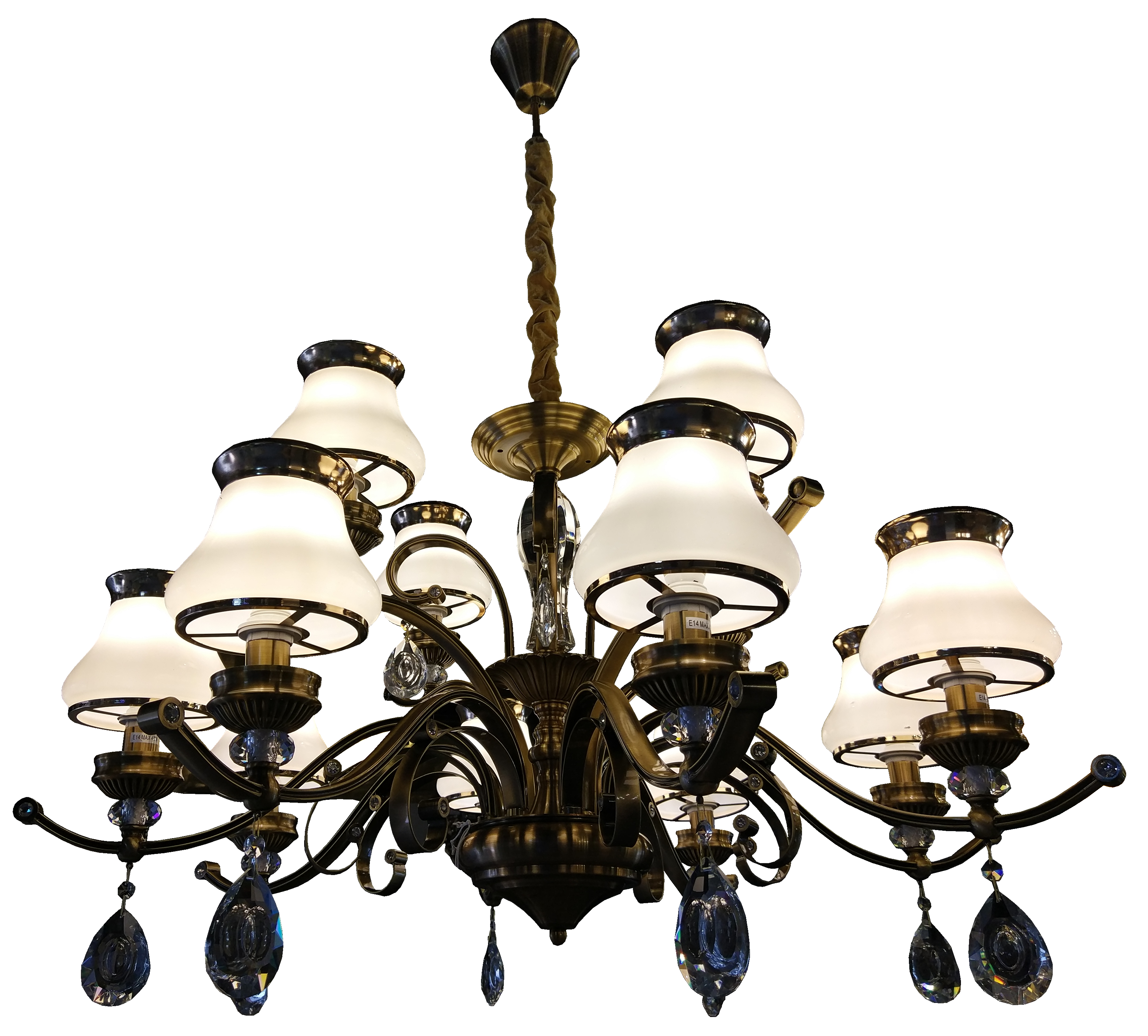 Đèn chùm sắt mạ đồng chao thủy tinh 5170/12