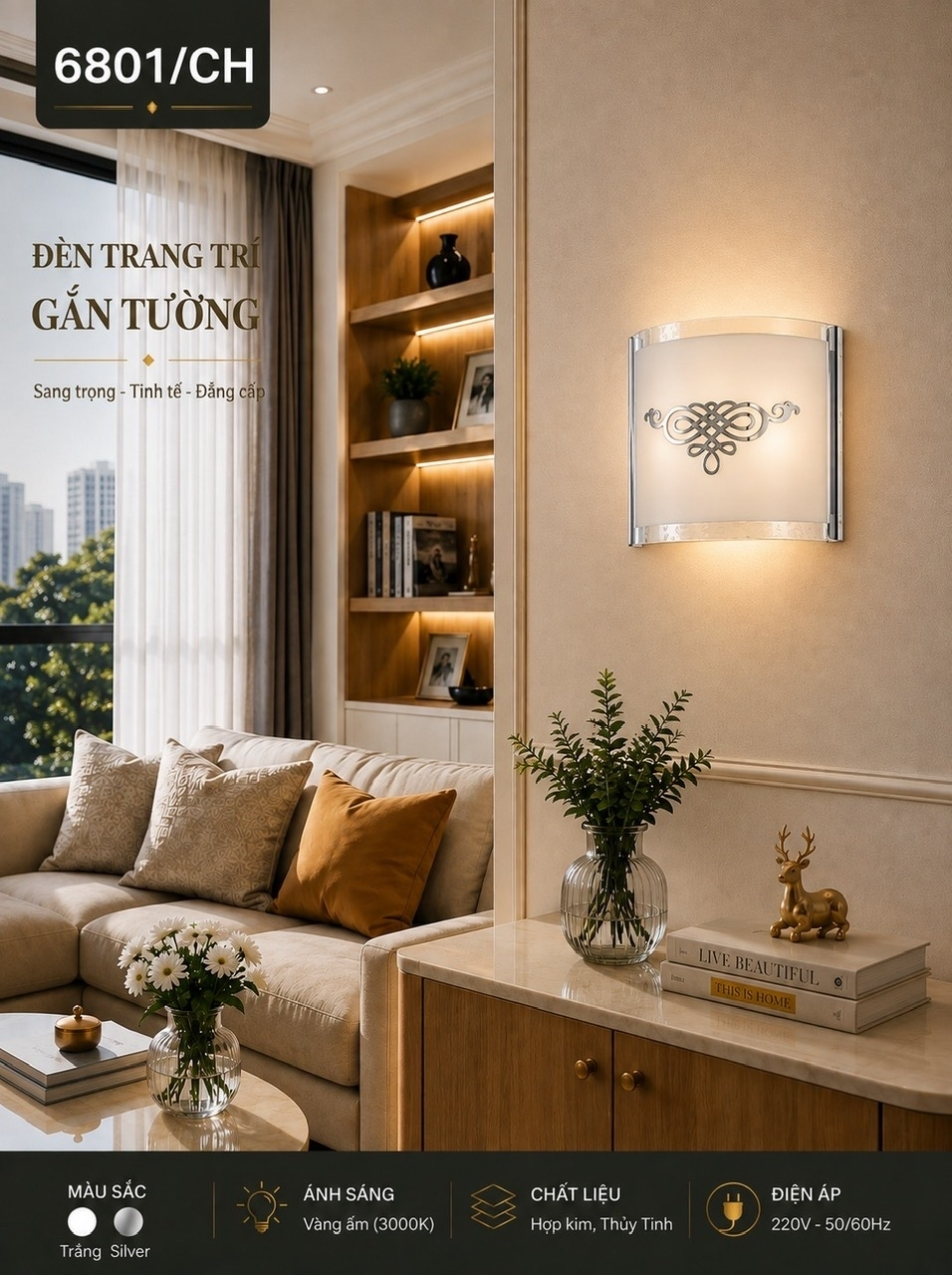 Đèn Hắt kính nơ inox  6801/CH (8015) (16x34)