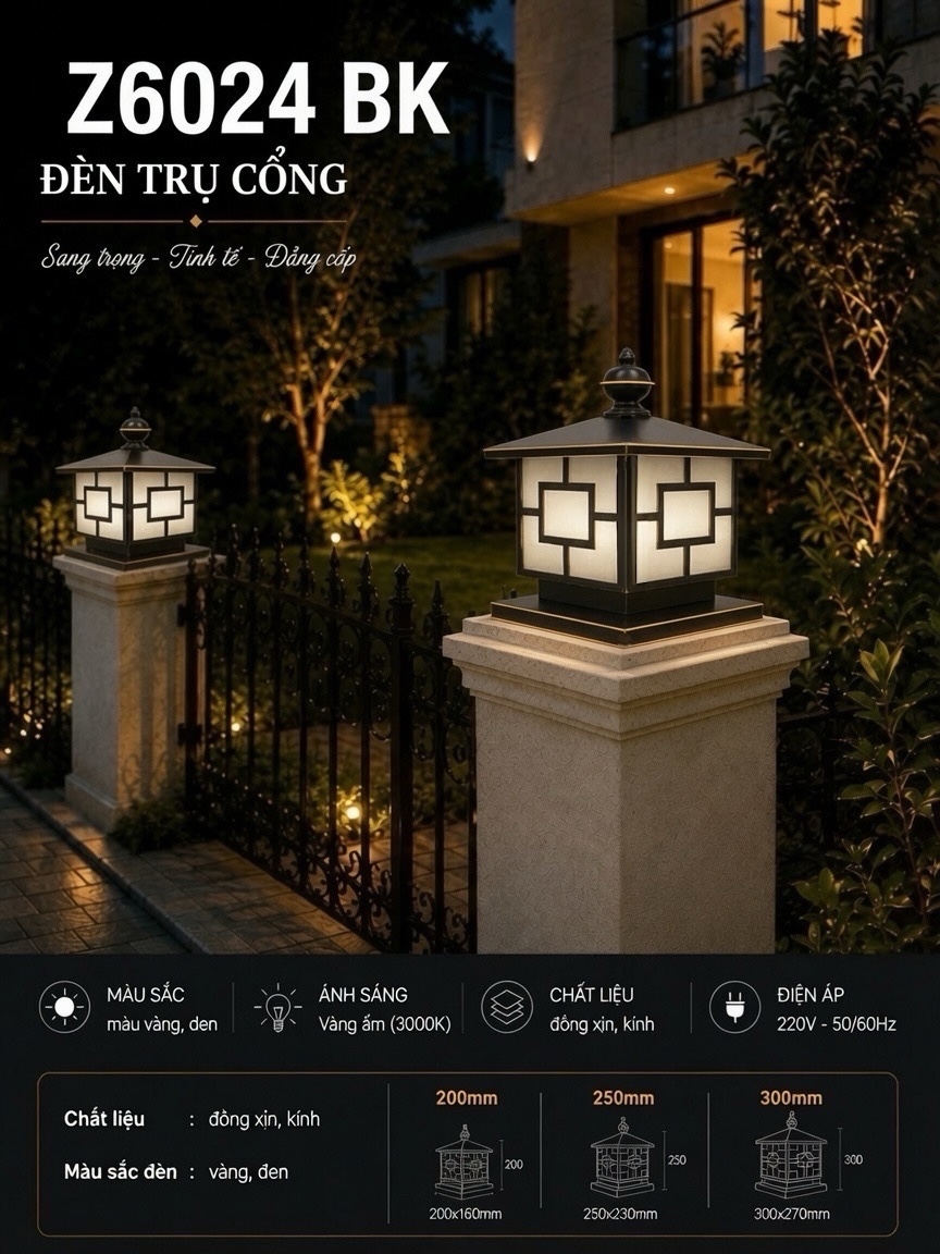 Đèn trụ cổng đồng xịn Z6024/300BK