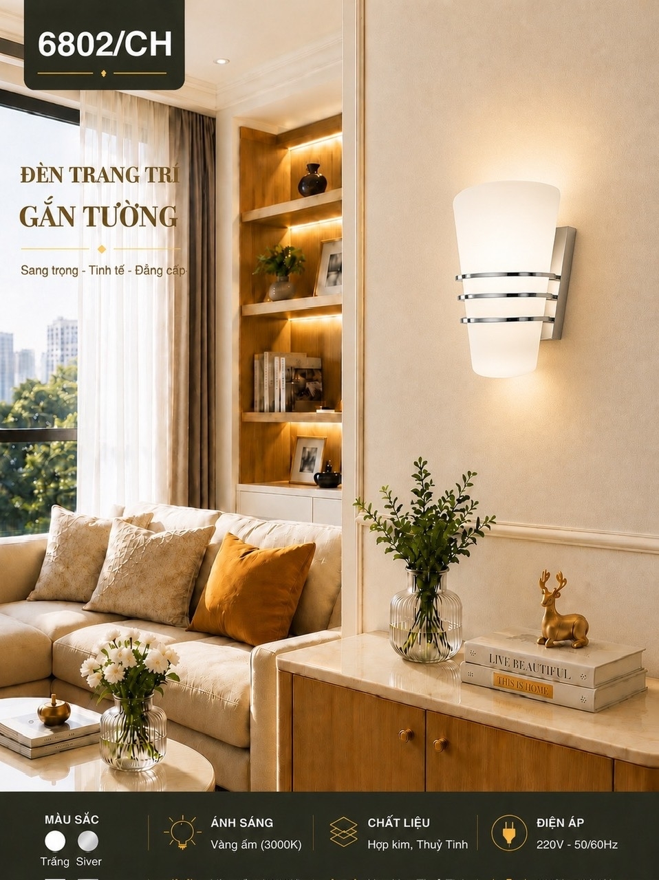 Đèn hắt thủy tinh  inox (6802/CH) (8017)