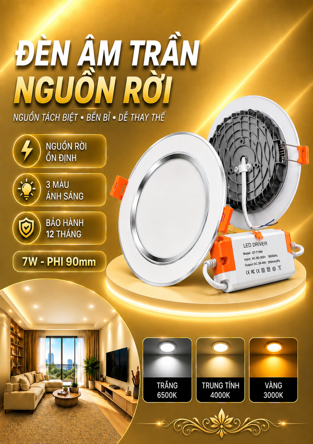Đèn âm trần đế nhôm viền bạc pi90 7w/3CĐ-SV-DN