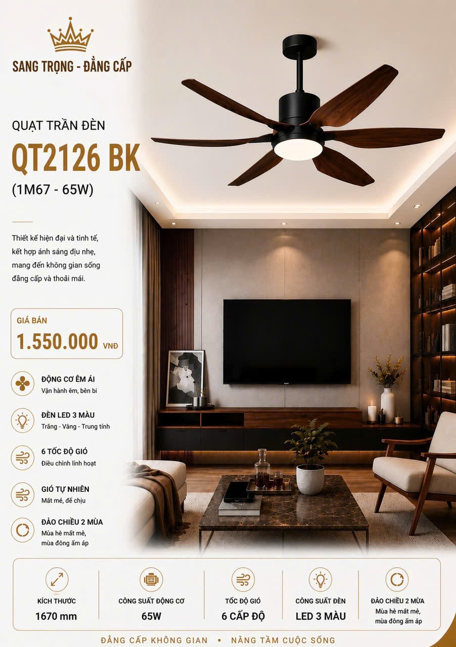 Quạt trần đèn QT2126 BK (1m67 - 50W)