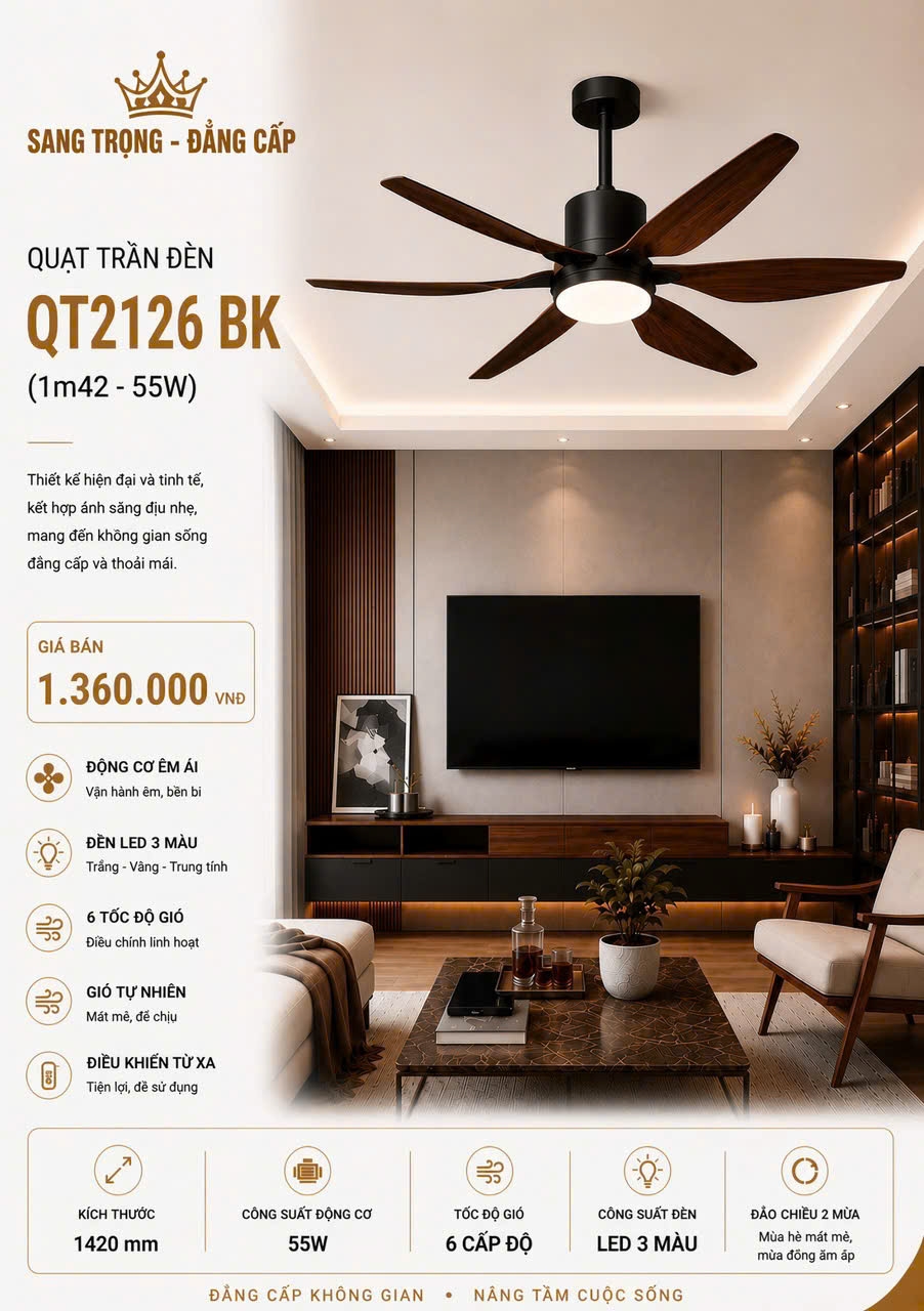 Quạt trần đèn QT2126(7292) - BK (1m42)